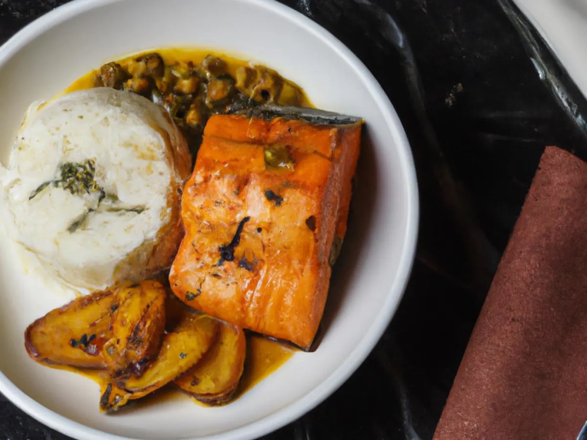 Roasted Salmon Served with Capers Served with Rosemary Jasmine Rice & Sweet Plantain Casserole Roasted Salmon Served with Capers Served with Rosemary Jasmine Rice & Sweet Plantain Casserole