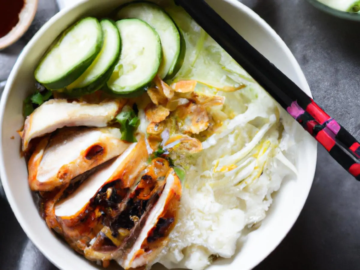 Regular Grilled Chicken over White Rice with Cucumber, Sweet Onion, Cabbage, Cilantro, Pickled Ginger and Garlic Crisps Regular Grilled Chicken over White Rice with Cucumber, Sweet Onion, Cabbage, Cilantro, Pickled Ginger and Garlic Crisps