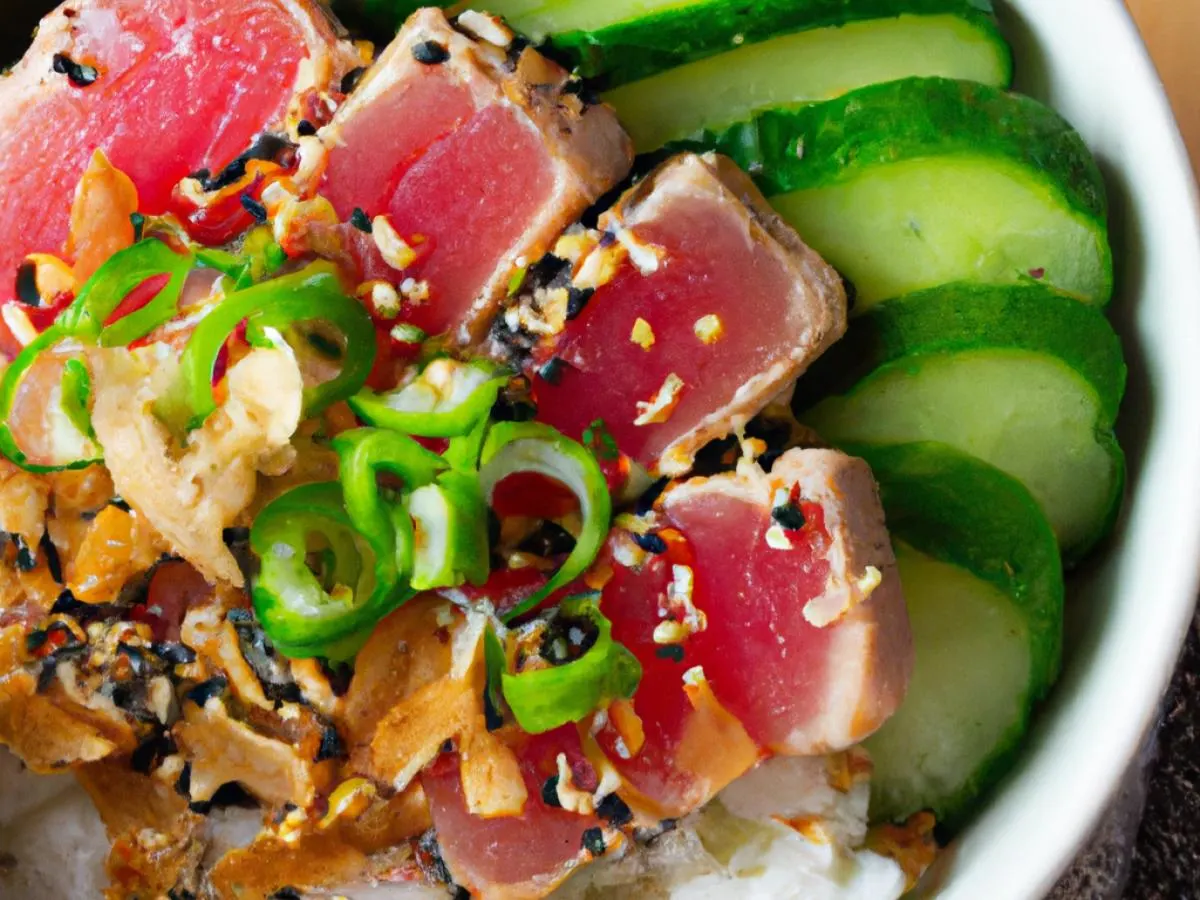 Regular Ahi Tuna over White Rice with Cucumber, Edamame, Cilantro, Green Onion, Sesame Seeds, Shredded Nori, and Garlic Crisps Regular Ahi Tuna over White Rice with Cucumber, Edamame, Cilantro, Green Onion, Sesame Seeds, Shredded Nori, and Garlic Crisps