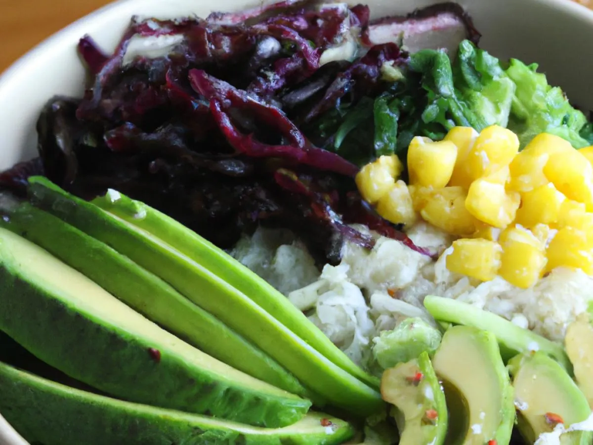 Avocado bowl over rice with Cucumber, Cabbage, Blanched Kale, Sweet Corn, Pickled Ginger, and Green Onion Avocado bowl over rice with Cucumber, Cabbage, Blanched Kale, Sweet Corn, Pickled Ginger, and Green Onion