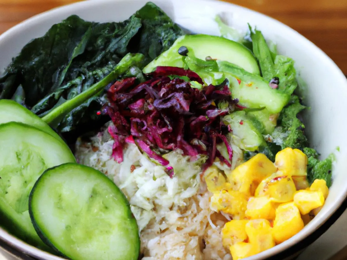 Avocado bowl over Salad with Cucumber, Cabbage, Blanched Kale, Sweet Corn, Pickled Ginger, and Green Onion Avocado bowl over Salad with Cucumber, Cabbage, Blanched Kale, Sweet Corn, Pickled Ginger, and Green Onion