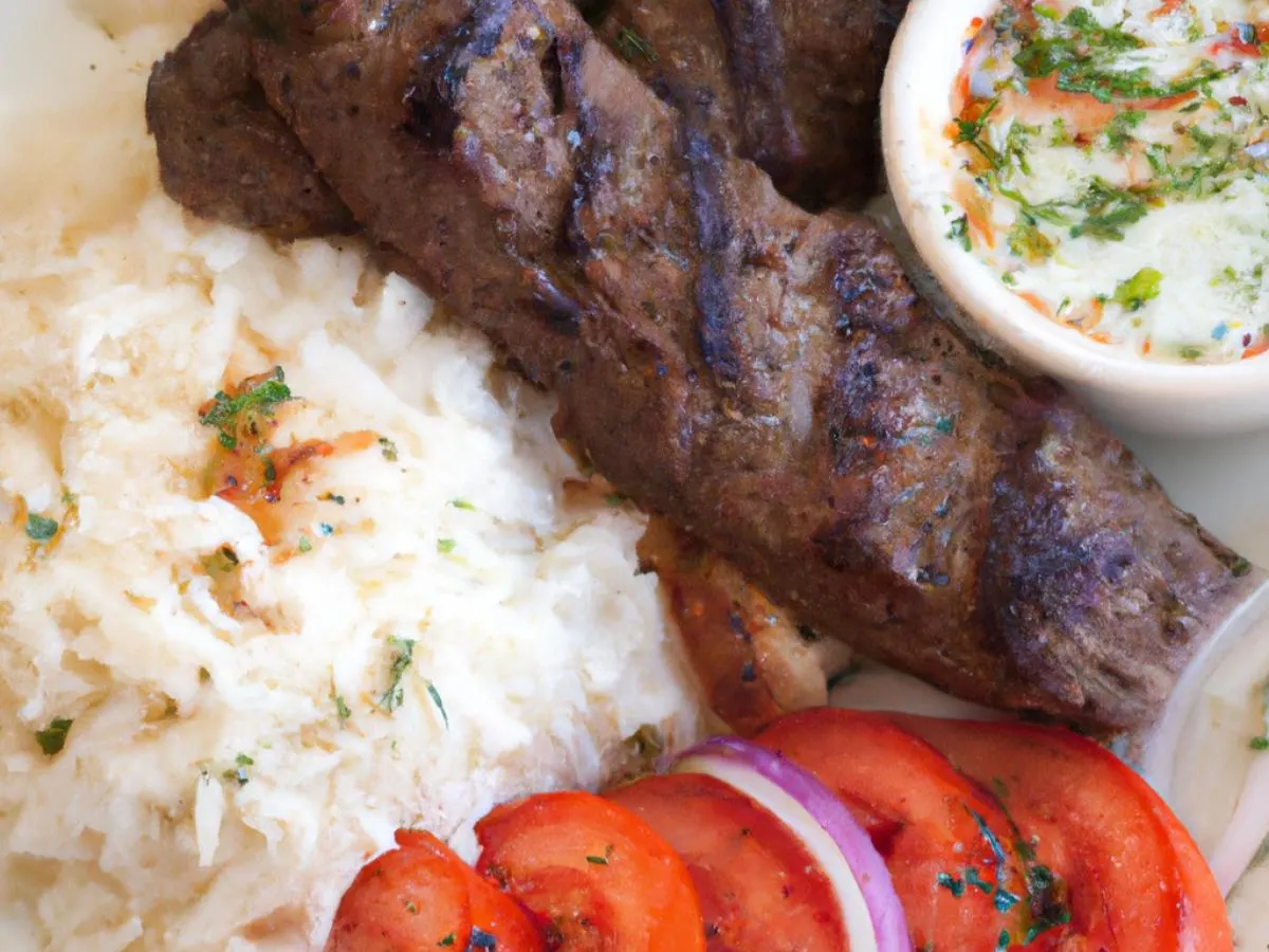 Beef Kabob with Persian Style Veggies, White Rice and Tzatziki Sauce