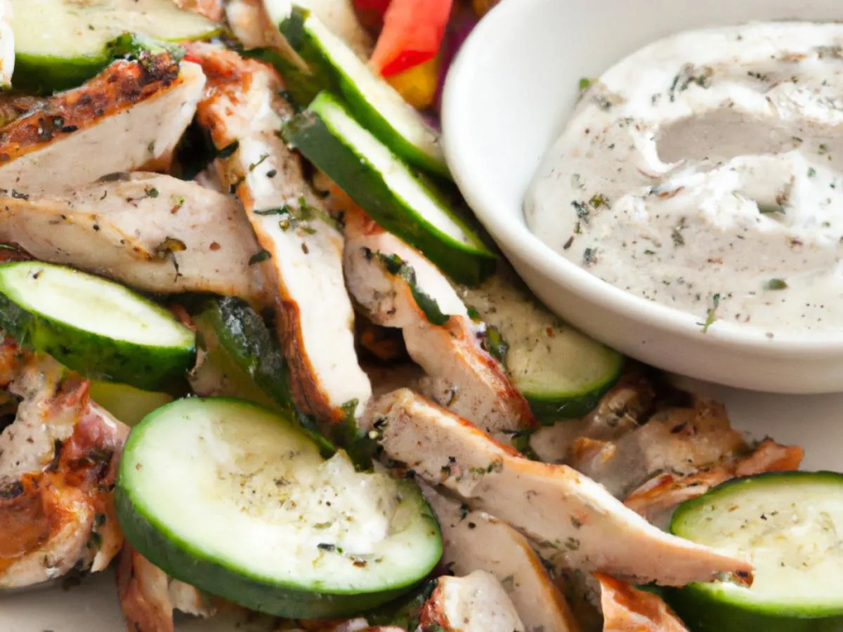 Chicken Gyro Meat Plate with Roasted Vegetables, Tzatziki & Mediterranean Salad Chicken Gyro Meat Plate with Roasted Vegetables, Tzatziki & Mediterranean Salad