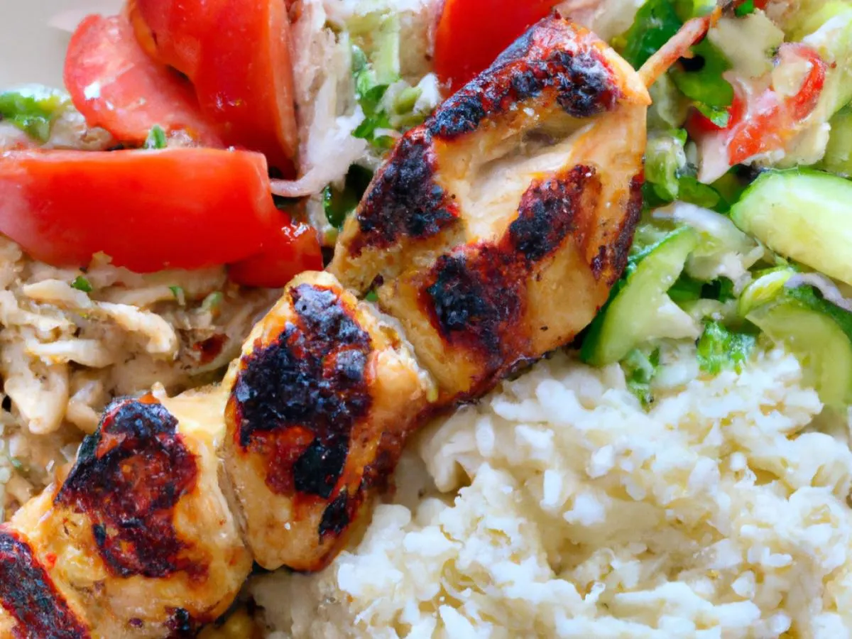 Chicken Kebab Plate with Rice, Tzatziki and Mediterranean Salad Chicken Kebab Plate with Rice, Tzatziki and Mediterranean Salad