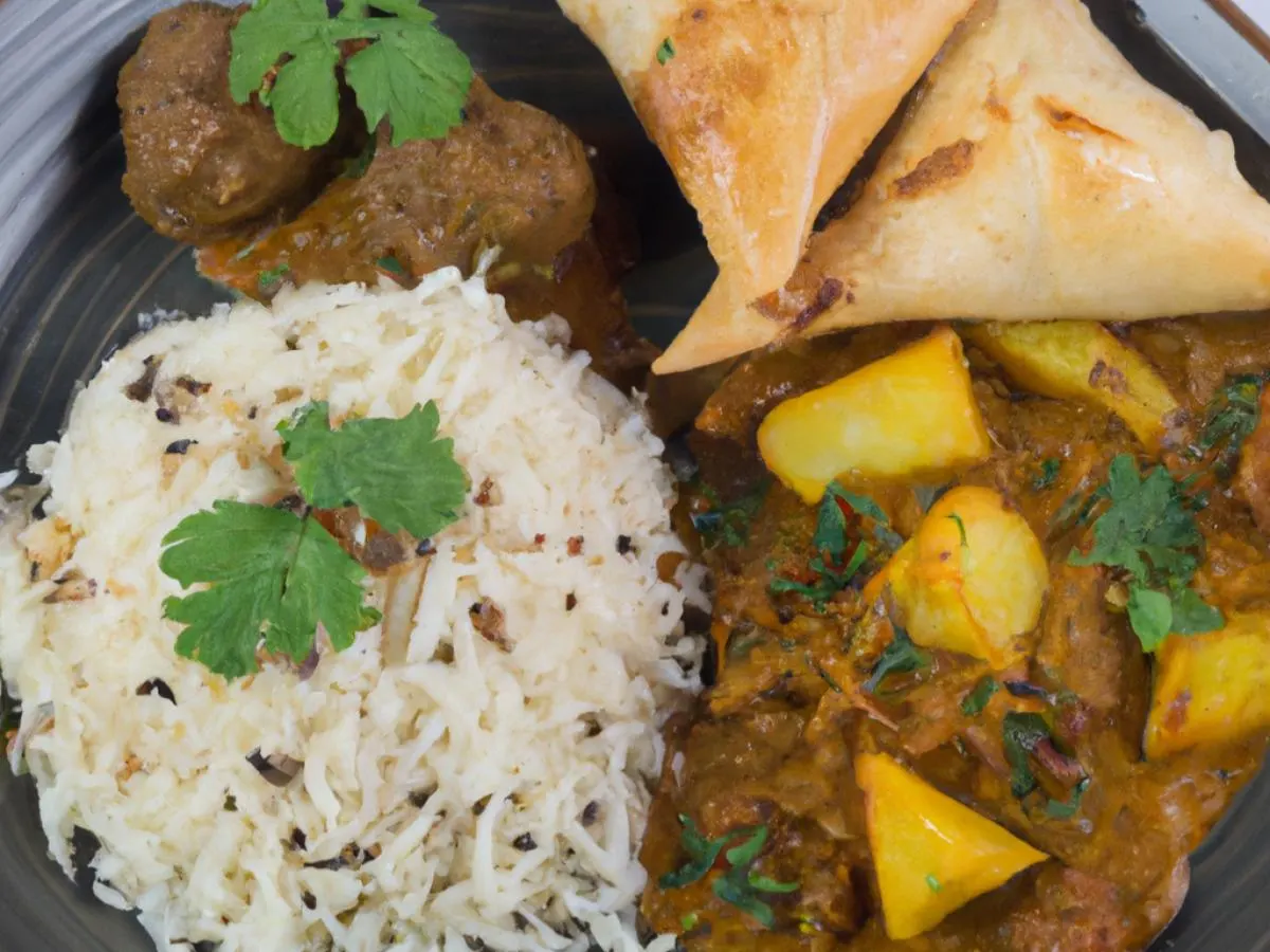 Lamb Curry with Basmati Rice and Vegan Samosa Lamb Curry with Basmati Rice and Vegan Samosa
