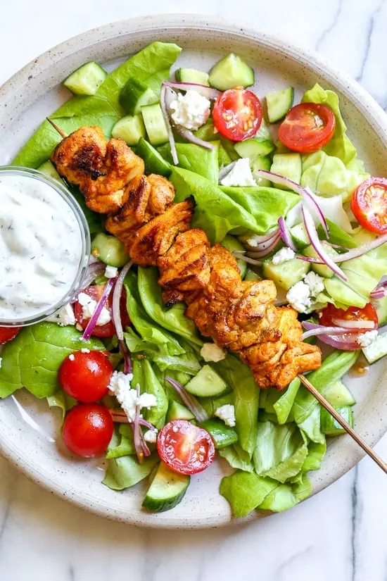 Light Carb Chicken Souvlaki Sticks With Garden Salad and Tzatziki (No Pita) Light Carb Chicken Souvlaki Sticks With Garden Salad and Tzatziki (No Pita)