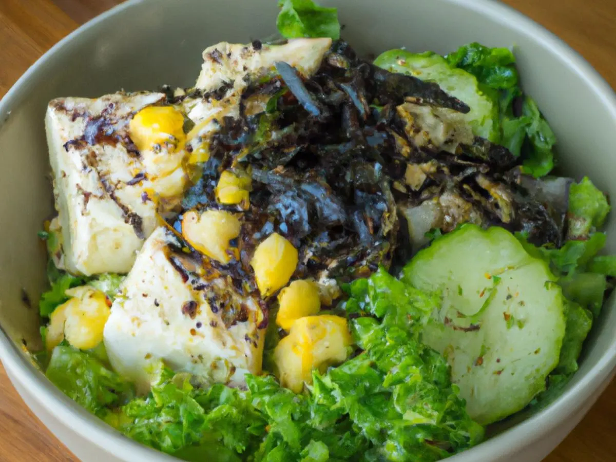 Large Organic Tofu over Salad with Cucumber, Cabbage, Blanched Kale, Sweet Corn, Green onion, Soft Tofu, and Shredded Nori Large Organic Tofu over Salad with Cucumber, Cabbage, Blanched Kale, Sweet Corn, Green onion, Soft Tofu, and Shredded Nori