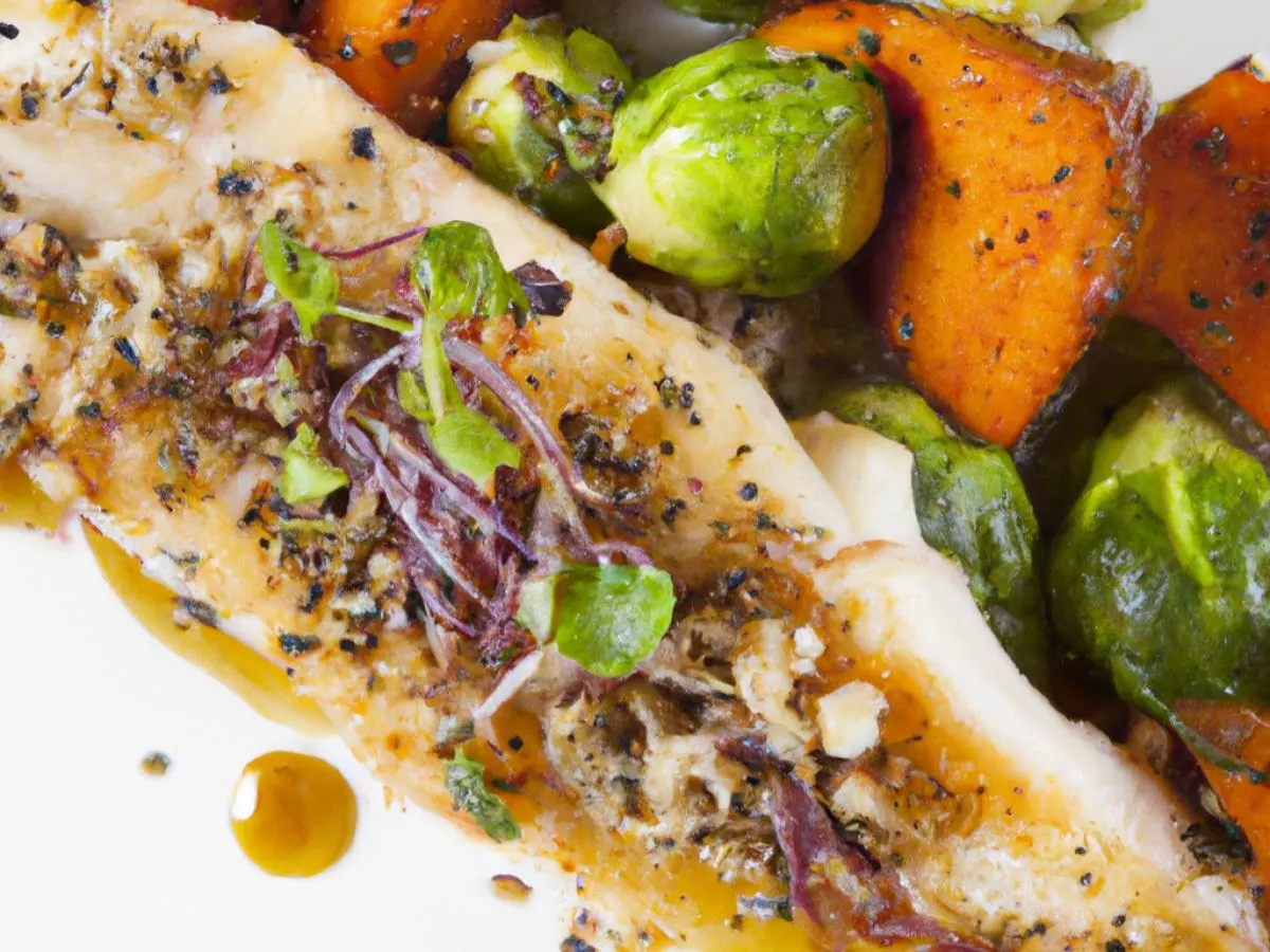 Dill Flounder Served with Roasted Sweet Potato & Chili Crisp Brussels Sprouts Dill Flounder Served with Roasted Sweet Potato & Chili Crisp Brussels Sprouts