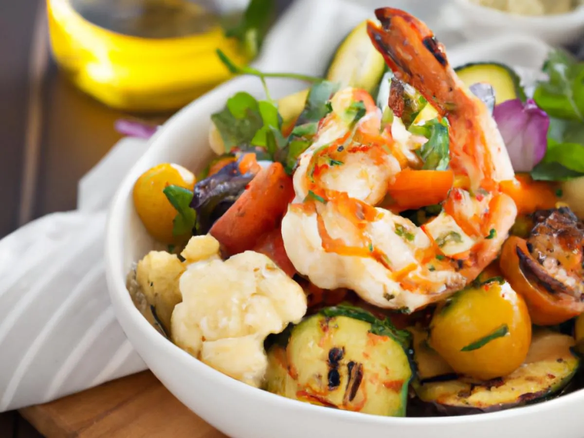 Vegetable bowl with grilled shrimp and herb salsa