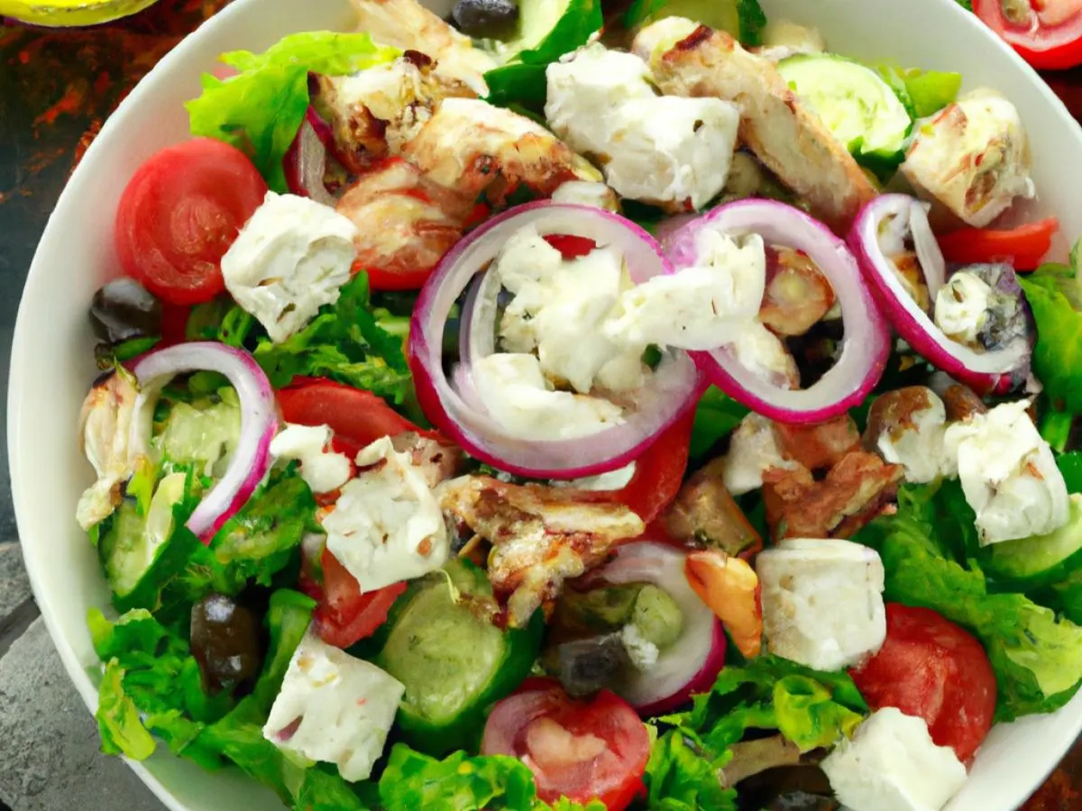 Greek Salad with Chicken Souvlaki and Caesar Dressing & Pita Greek Salad with Chicken Souvlaki and Caesar Dressing & Pita