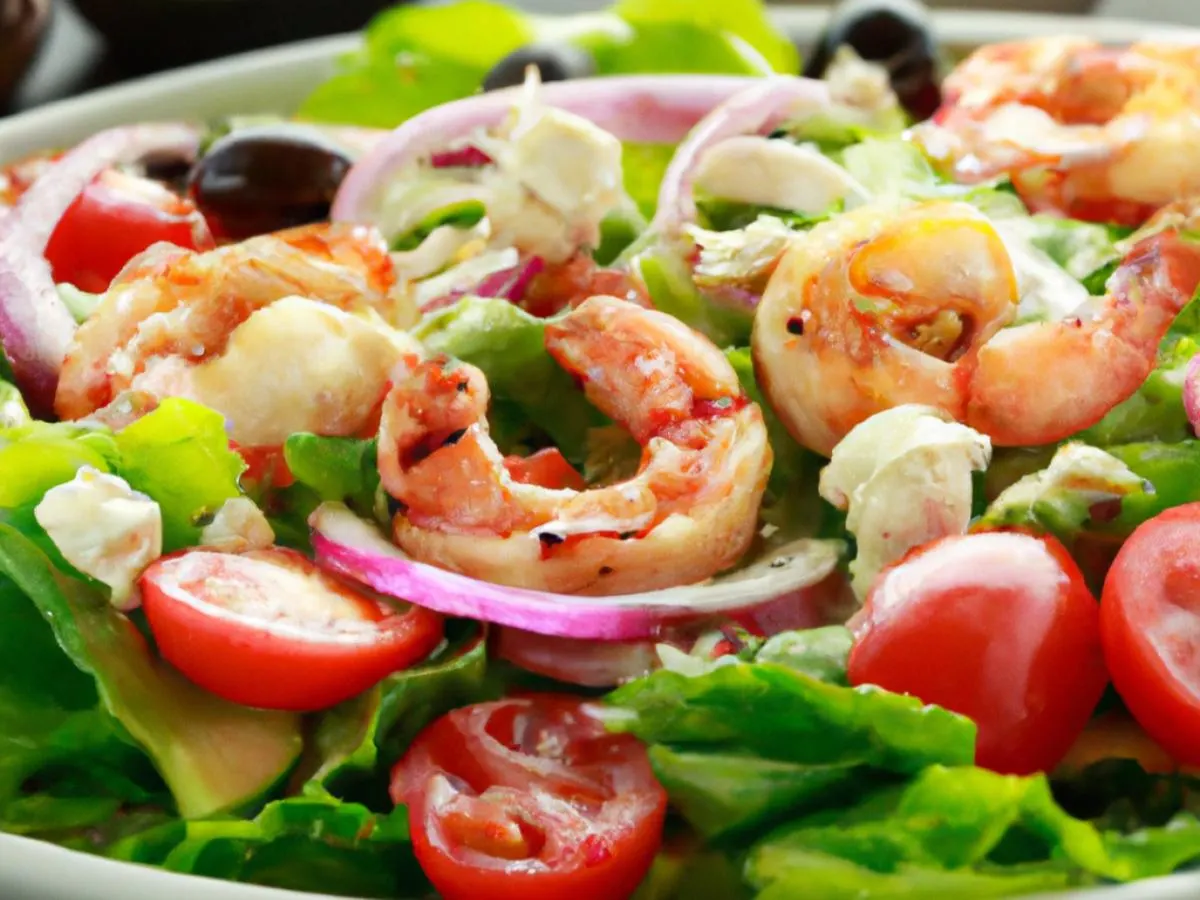 Greek Salad with Grilled Shrimp and Caesar Dressing & Pita Greek Salad with Grilled Shrimp and Caesar Dressing & Pita