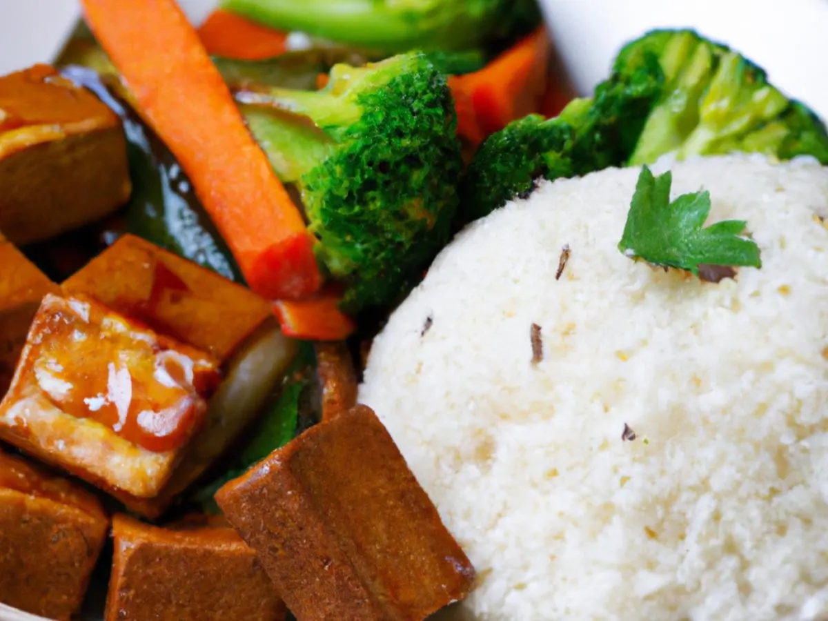 Spicy Tofu Teriyaki With White Rice and Veggies