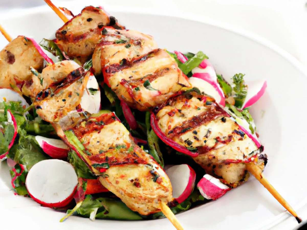 Two Gluten Free Chicken Skewers with Mixed Green Salad Two Gluten Free Chicken Skewers with Mixed Green Salad