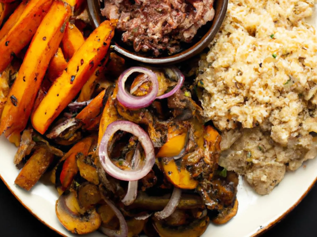 Allergen free Vegan Stir Fry with Jasmine Rice and Sweet Potato Fries, and a Pickled Onion Salsa - Min 100qty Allergen free Vegan Stir Fry with Jasmine Rice and Sweet Potato Fries, and a Pickled Onion Salsa - Min 100qty