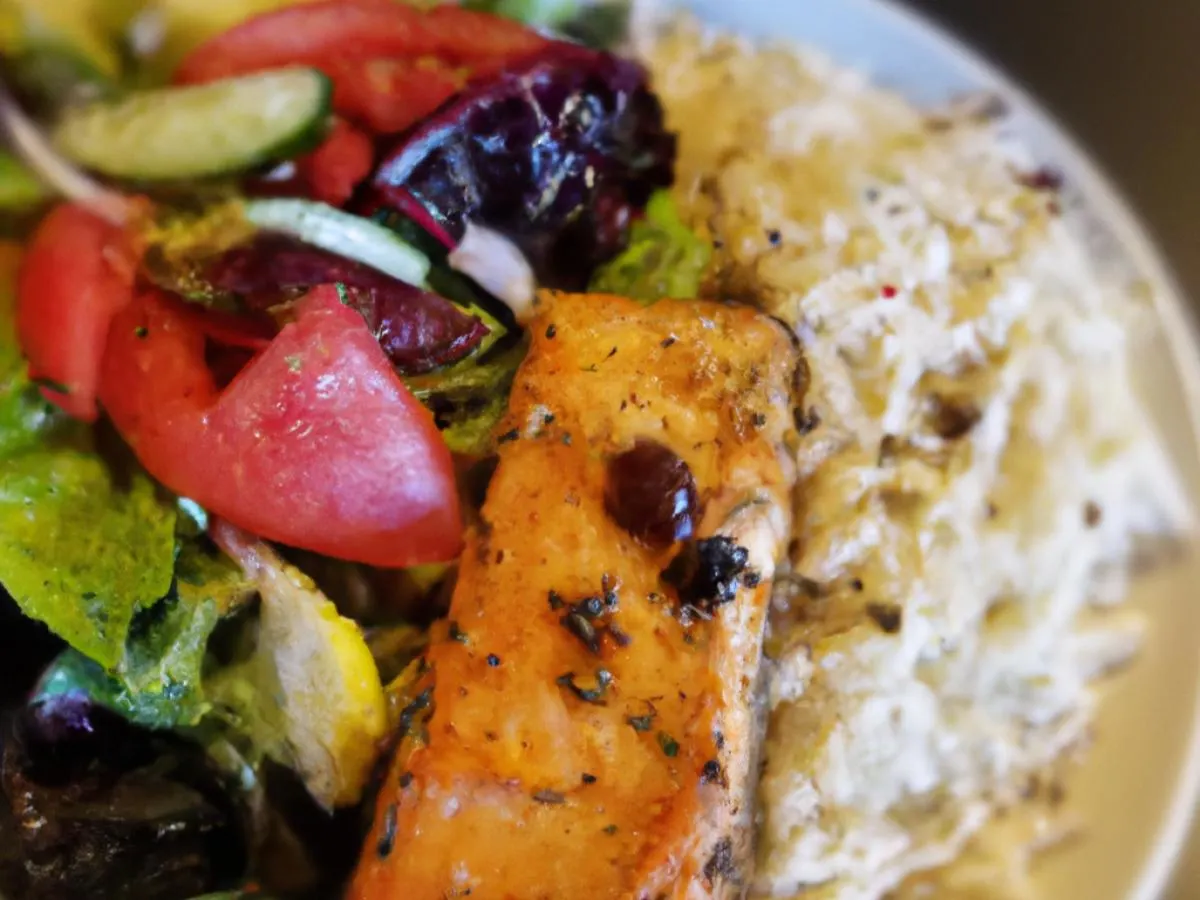 Grilled Salmon Plate with Rice and Mediterranean Salad (Gluten-Free) Grilled Salmon Plate with Rice and Mediterranean Salad (Gluten-Free)