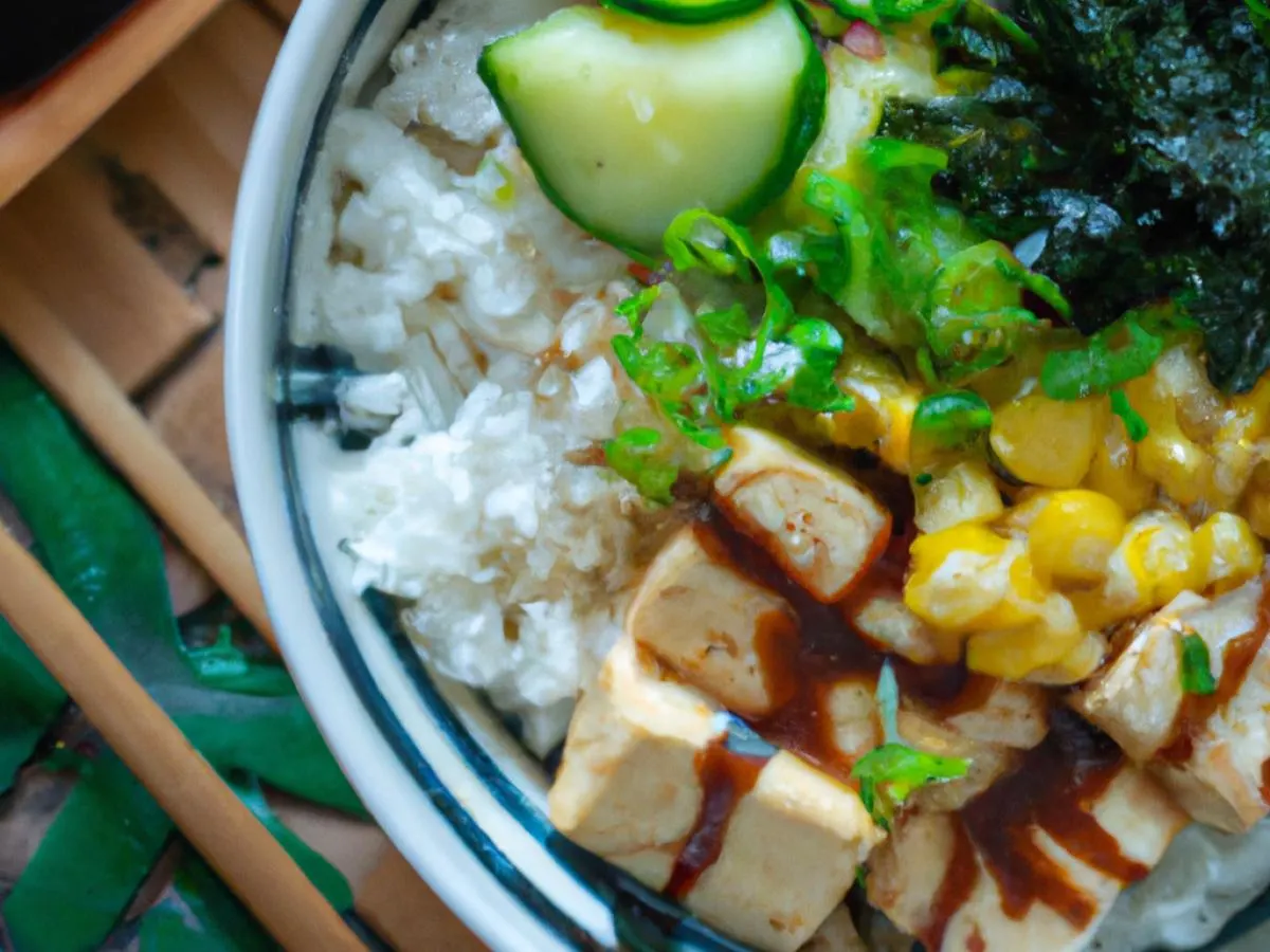 Regular Organic Tofu over White Rice with Cucumber, Cabbage, Blanched Kale, Sweet Corn, Green onion, Soft Tofu, and Shredded Nori Regular Organic Tofu over White Rice with Cucumber, Cabbage, Blanched Kale, Sweet Corn, Green onion, Soft Tofu, and Shredded Nori