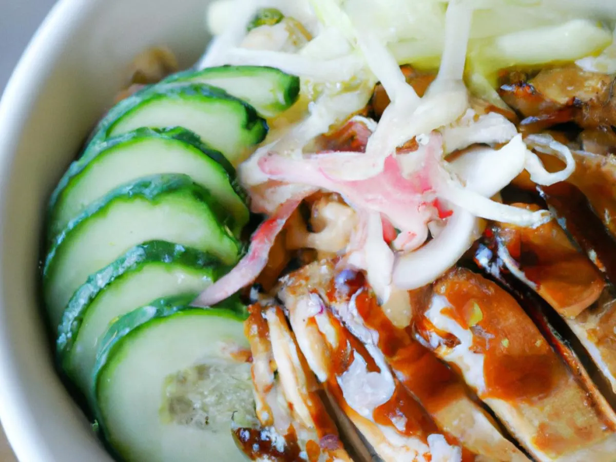 Large Grilled Chicken over White Rice with Cucumber, Sweet Onion, Cabbage, Cilantro, Pickled Ginger and Garlic Crisps Large Grilled Chicken over White Rice with Cucumber, Sweet Onion, Cabbage, Cilantro, Pickled Ginger and Garlic Crisps
