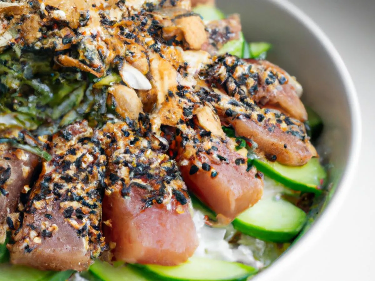 Large Ahi Tuna over White Rice with Cucumber, Edamame, Cilantro, Green Onion, Sesame Seeds, Shredded Nori, and Garlic Crisps Large Ahi Tuna over White Rice with Cucumber, Edamame, Cilantro, Green Onion, Sesame Seeds, Shredded Nori, and Garlic Crisps