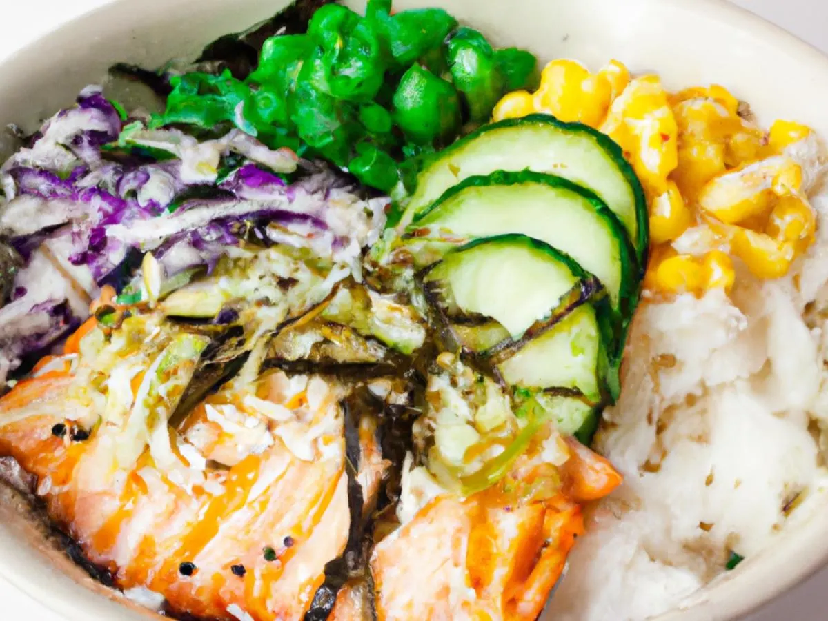 Large Salmon over White Rice with Cucumber, Cabbage, Sweet Corn, Edamame, Seaweed Salad, and Shredded Nori Large Salmon over White Rice with Cucumber, Cabbage, Sweet Corn, Edamame, Seaweed Salad, and Shredded Nori