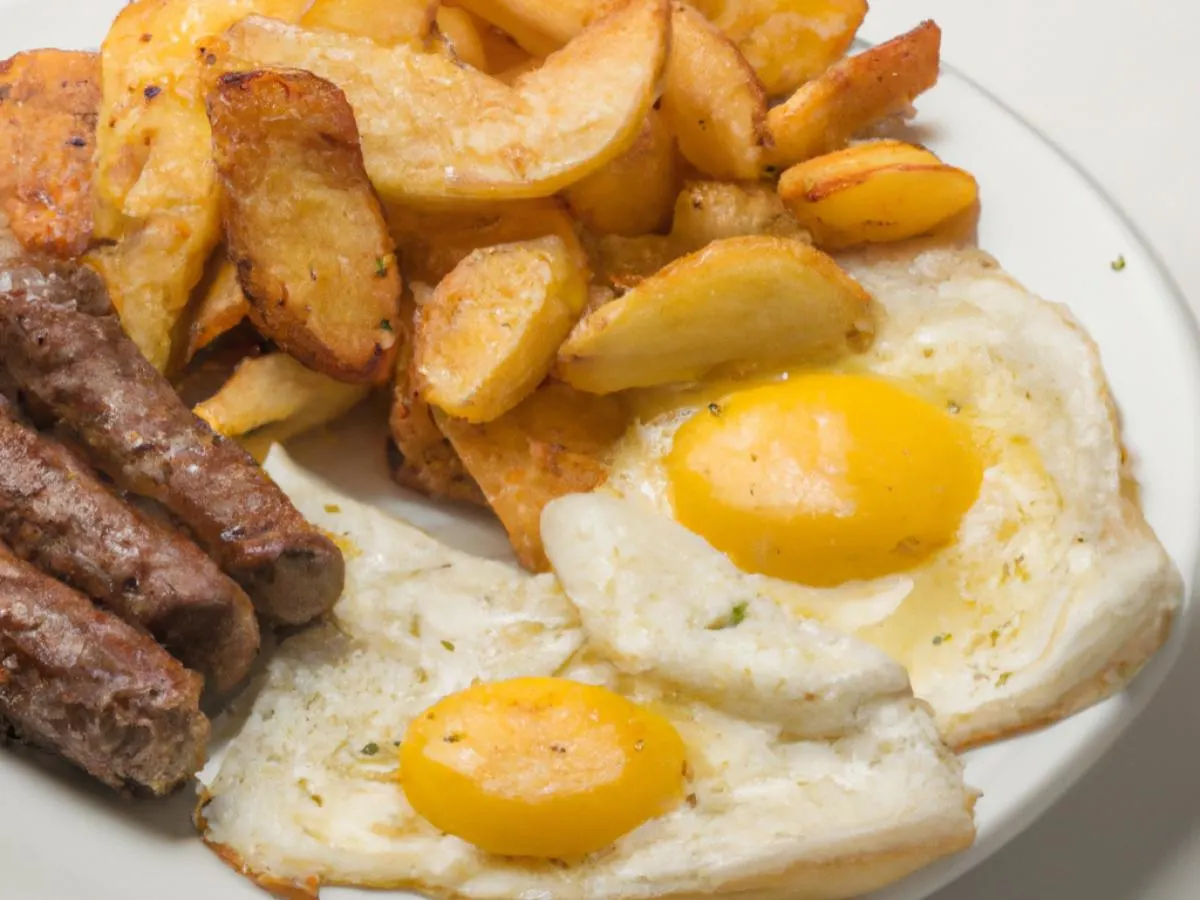 Eggs and Sausage Box with Fruits and Fries
