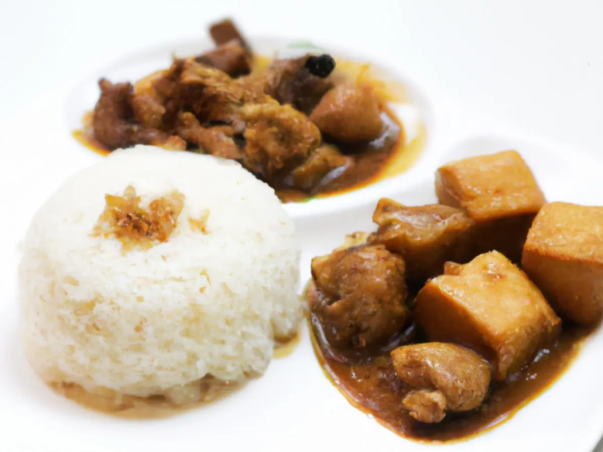 Braised Chicken in Brown Sauce & Crispy Tofu served with White Rice Braised Chicken in Brown Sauce & Crispy Tofu served with White Rice