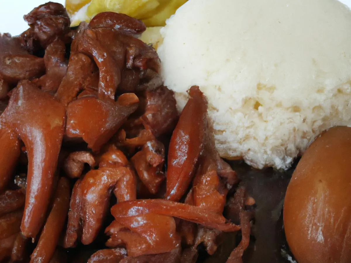Marinated Pig Feet & Braised Chicken in Brown Sauce served with White Rice Marinated Pig Feet & Braised Chicken in Brown Sauce served with White Rice