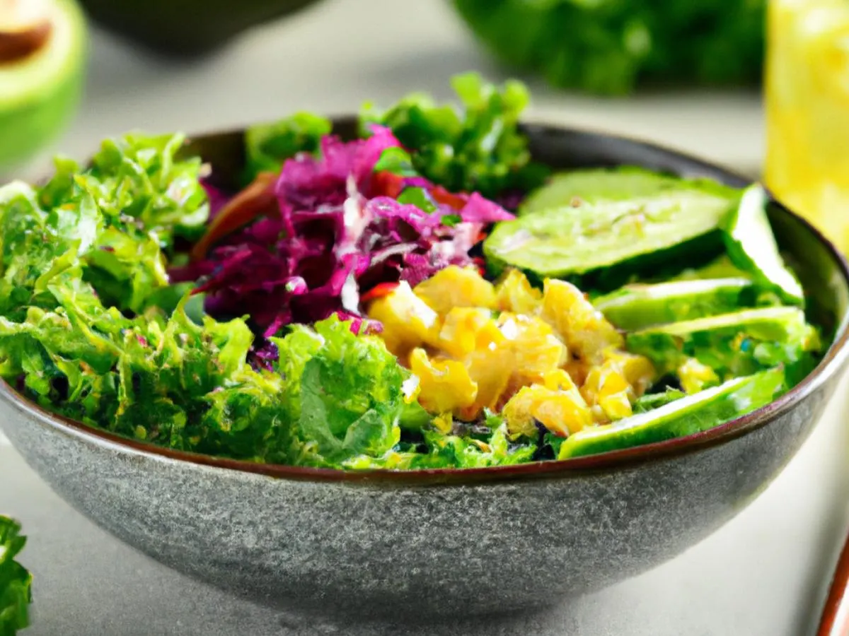 Avocado bowl over Salad with Cucumber, Cabbage, Blanched Kale, Sweet Corn, Pickled Ginger, and Green Onion Avocado bowl over Salad with Cucumber, Cabbage, Blanched Kale, Sweet Corn, Pickled Ginger, and Green Onion