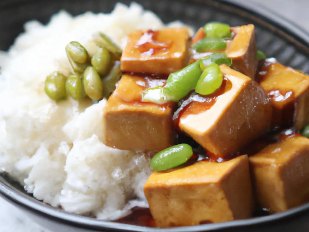 Tofu Teriyaki with white rice and edamame