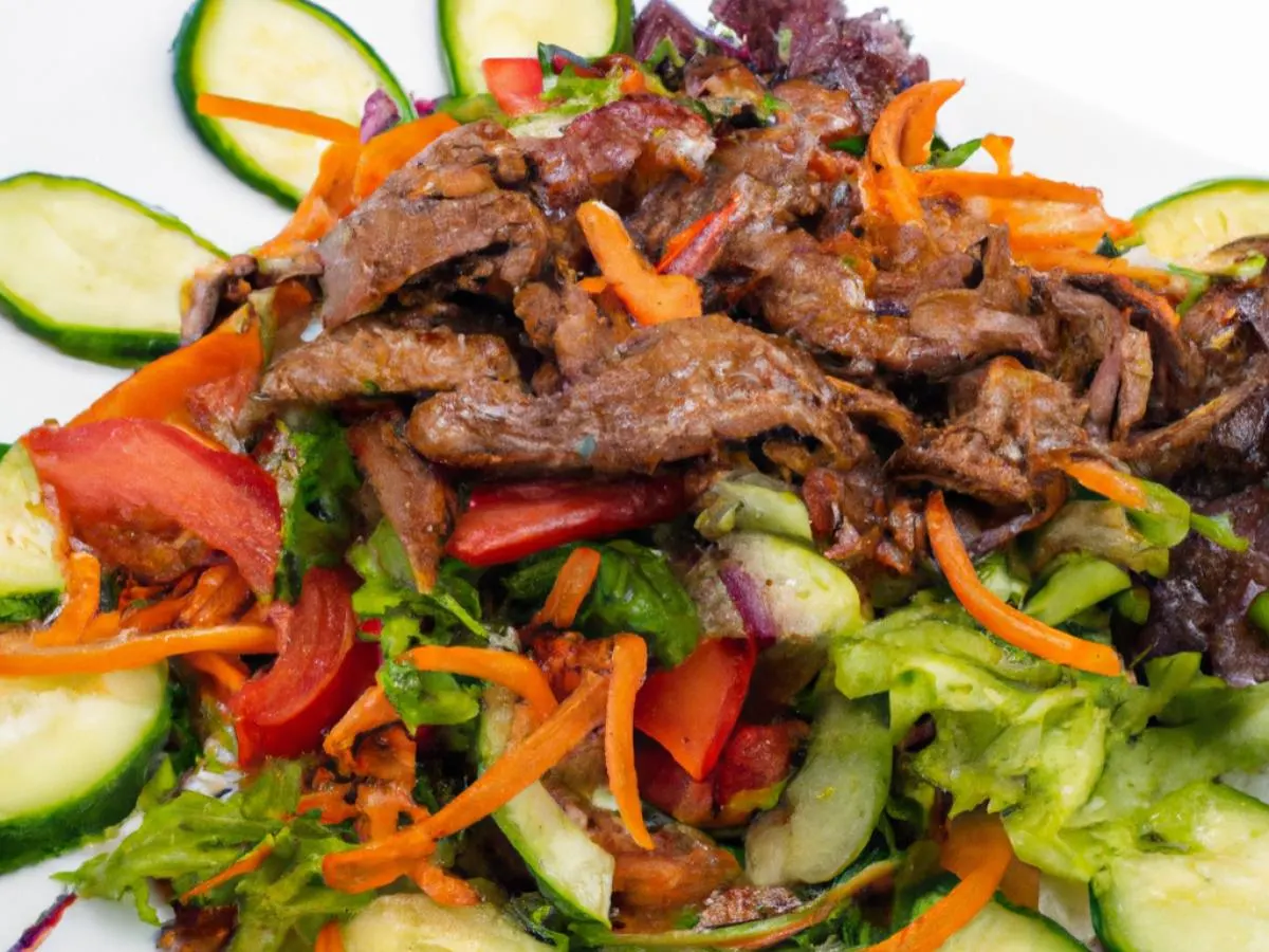 Light Carb Beef Teriyaki with marinated cucumber salad and mixed greens