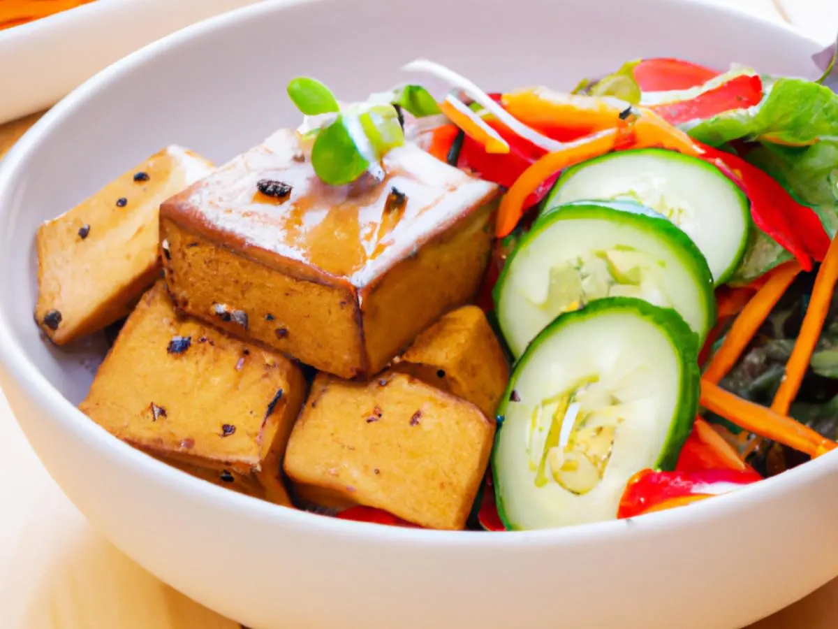 Light Carb Tofu Teriyaki with marinated cucumber salad and mixed greens