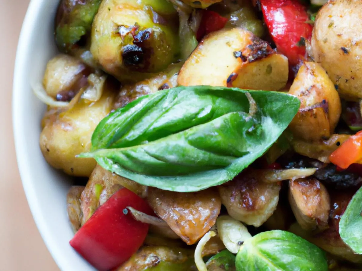 Vegan Brussel Sprouts, New Potatoes, Bell Peppers, Red Onions & Fresh Basil Vegan Brussel Sprouts, New Potatoes, Bell Peppers, Red Onions & Fresh Basil