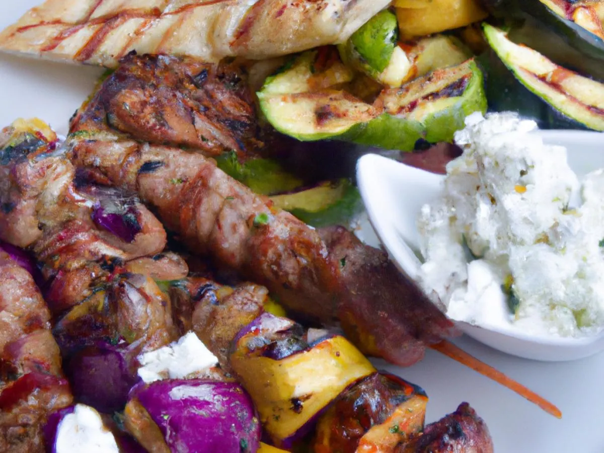 Pork and Vegetable Kalamaki Skewers with Prasini Salad, Tzatziki, and Pita Pork and Vegetable Kalamaki Skewers with Prasini Salad, Tzatziki, and Pita