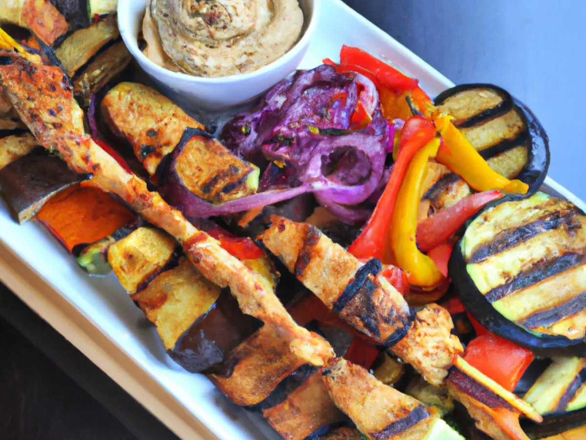 Pork and Vegetable Kalamaki Skewers with Revistholata Salad and Hummus Pork and Vegetable Kalamaki Skewers with Revistholata Salad and Hummus