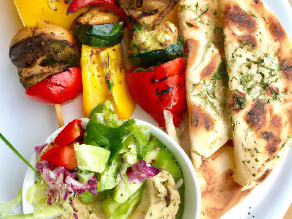 Vegan Vegetable Kalamaki Skewers with Prasini Salad, Hummus, and Pita Vegan Vegetable Kalamaki Skewers with Prasini Salad, Hummus, and Pita
