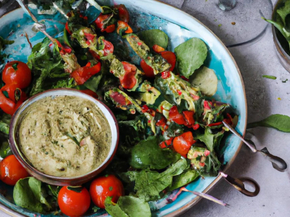 Vegan Vegetable Kalamaki Skewers with Prasini Salad and Hummus Vegan Vegetable Kalamaki Skewers with Prasini Salad and Hummus