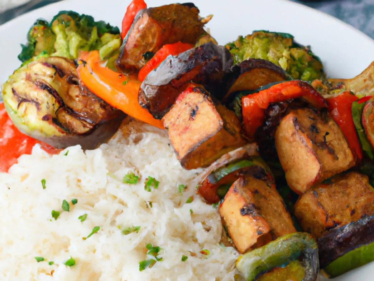 Gluten Free Vegan Tofu Kabab and Roasted Veggies Served With Steamed White Rice Gluten Free Vegan Tofu Kabab and Roasted Veggies Served With Steamed White Rice