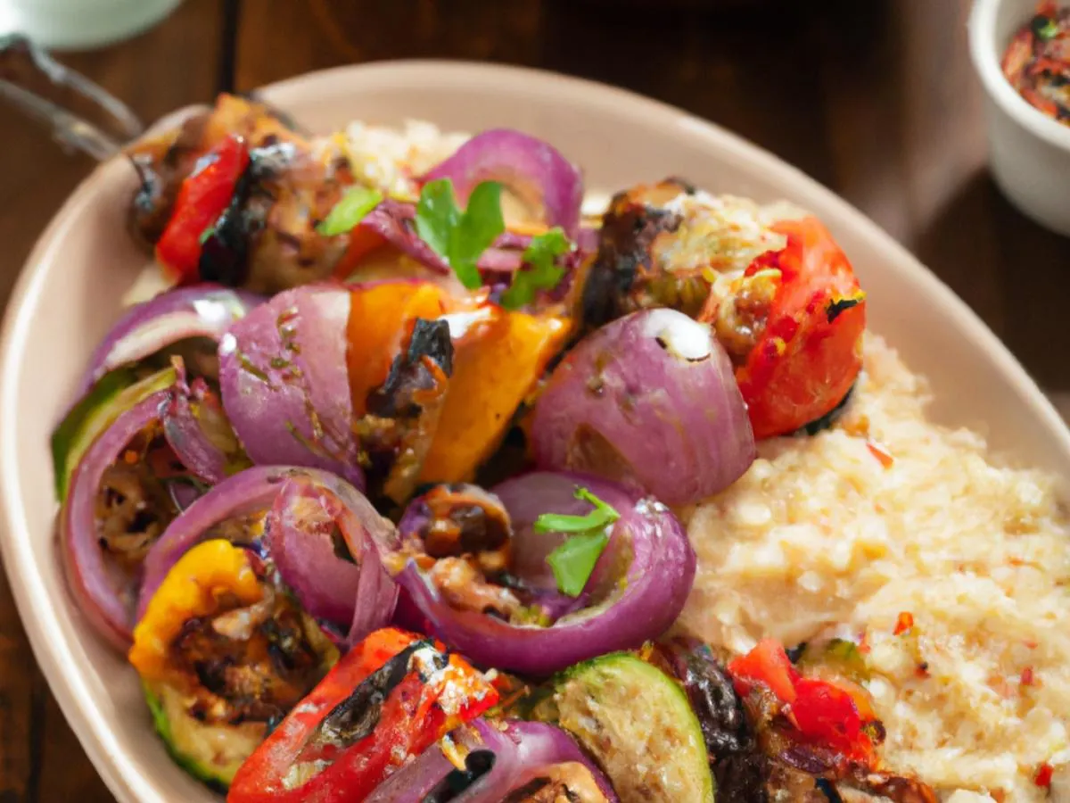 Grilled Vegetable Kabobs With Israeli Cous Cous and Tzatziki Grilled Vegetable Kabobs With Israeli Cous Cous and Tzatziki