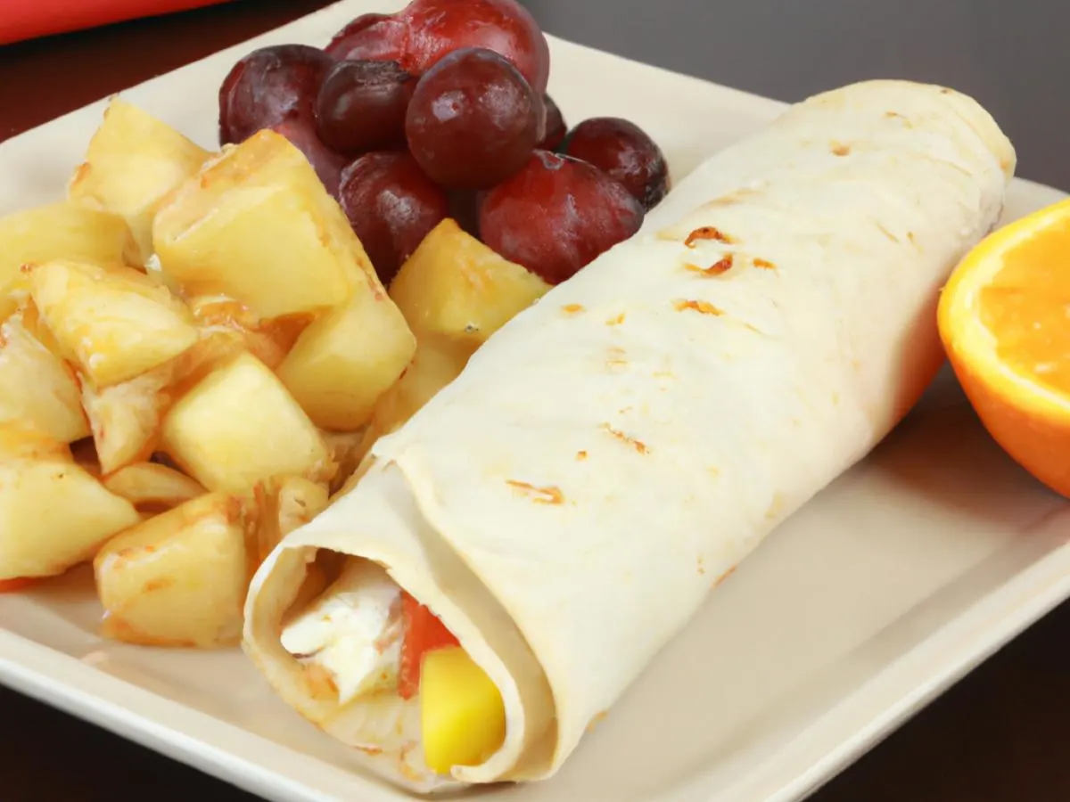 Egg and Cheese Breakfast Wrap With Hash Potatoes and Fresh Fruit Egg and Cheese Breakfast Wrap With Hash Potatoes and Fresh Fruit