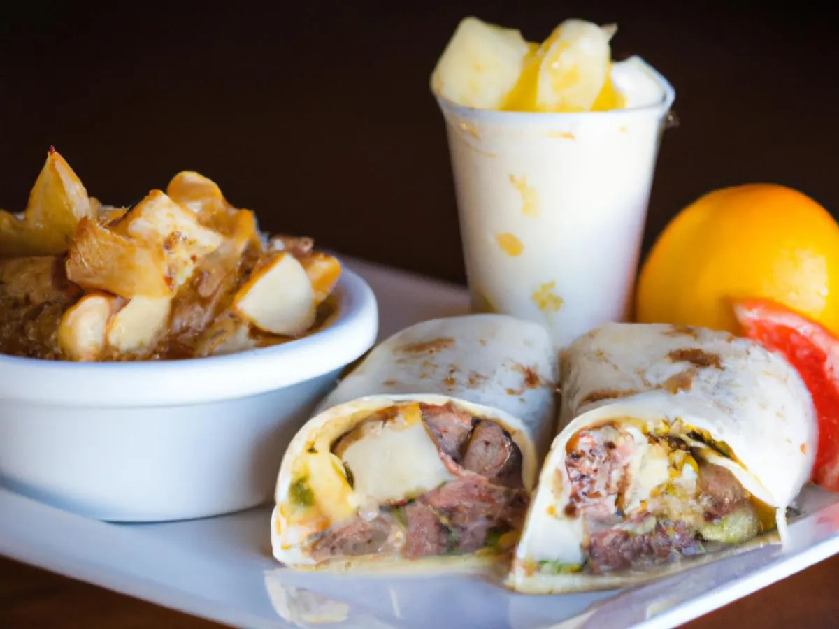 Steak Breakfast Wrap With Hash Potatoes and Fresh Fruit Steak Breakfast Wrap With Hash Potatoes and Fresh Fruit