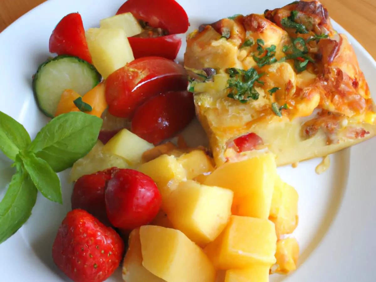 Vegetarian Fritatta With Hash Potatoes and Fresh Fruit Vegetarian Fritatta With Hash Potatoes and Fresh Fruit