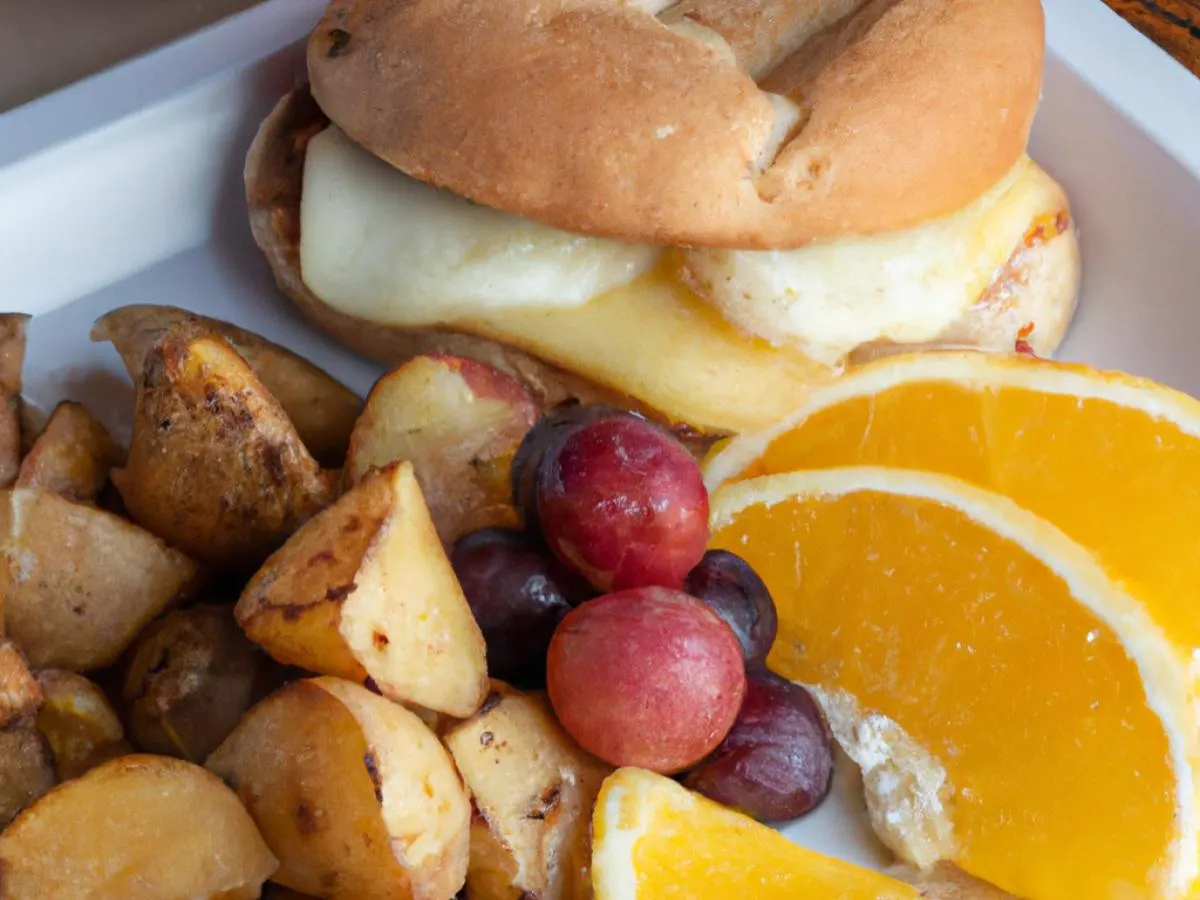 Egg and Cheese Breakfast Sandwich With Hash Potaotes and Fresh Fruit Egg and Cheese Breakfast Sandwich With Hash Potaotes and Fresh Fruit