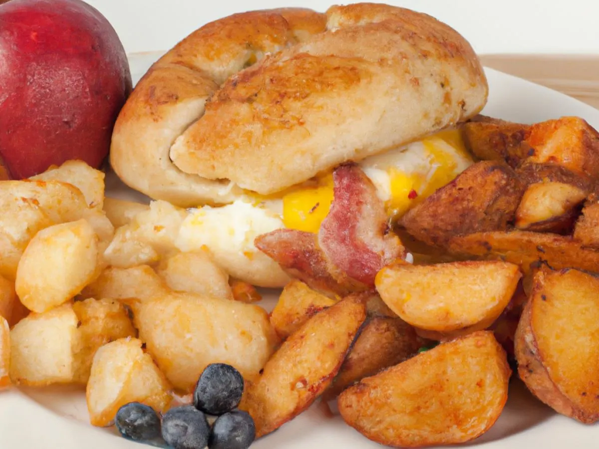 Bacon Breakfast Sandwich With Hash Potatoes and Fresh Fruit Bacon Breakfast Sandwich With Hash Potatoes and Fresh Fruit