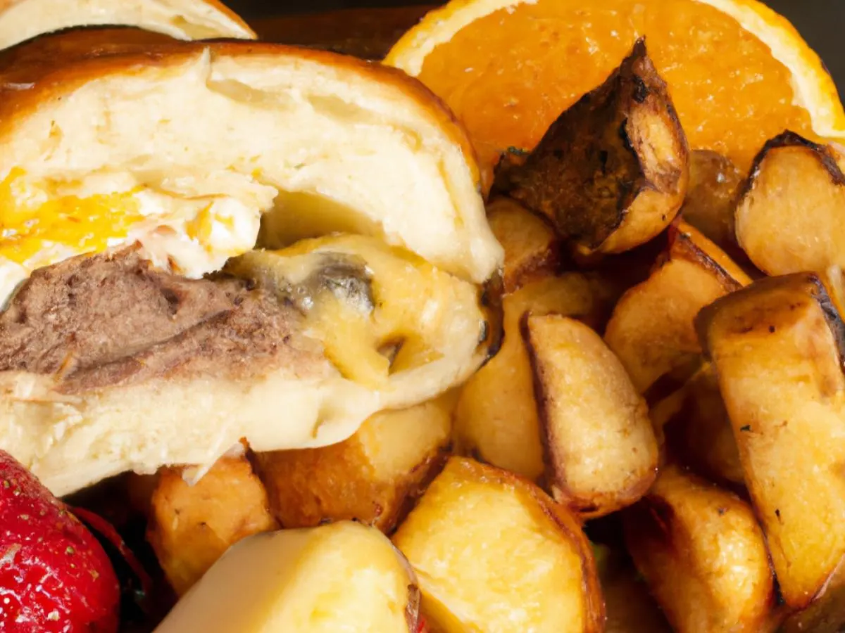 Steak Breakfast Sandwich With Hash Potatoes and Fresh Fruit Steak Breakfast Sandwich With Hash Potatoes and Fresh Fruit