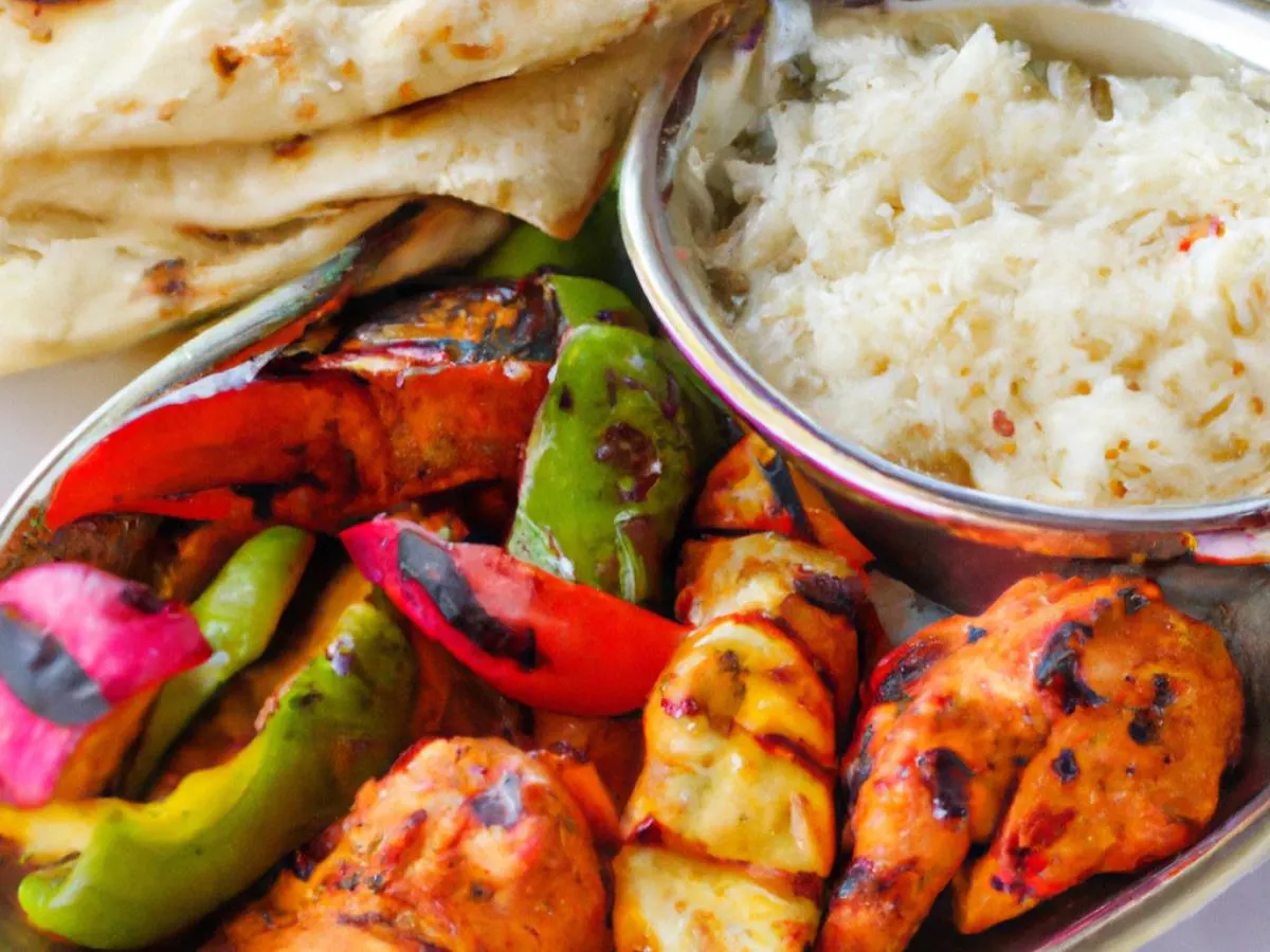Chicken Kabab and Roasted Veggies Served With Steamed White Rice and Naan Chicken Kabab and Roasted Veggies Served With Steamed White Rice and Naan