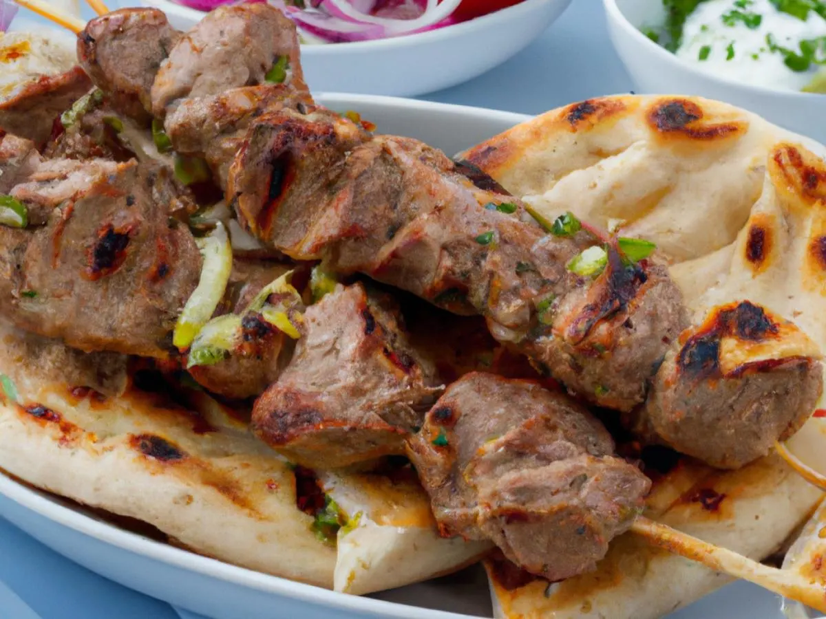 Pork and Vegetable Kalamaki Skewers with Revistholata Salad, Tzatziki, and Pita Pork and Vegetable Kalamaki Skewers with Revistholata Salad, Tzatziki, and Pita