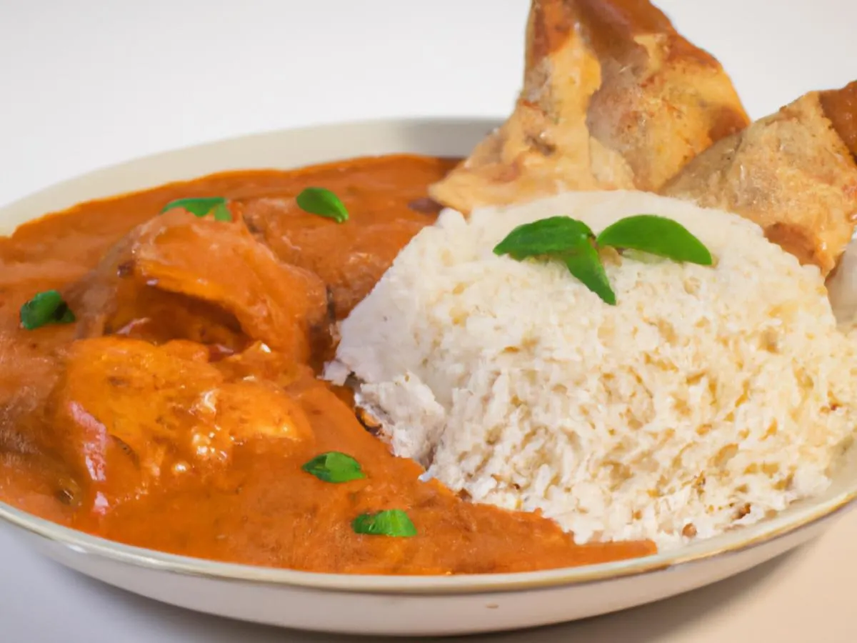 Butter Chicken Masala with Basmati Rice and Vegan Samosa Butter Chicken Masala with Basmati Rice and Vegan Samosa