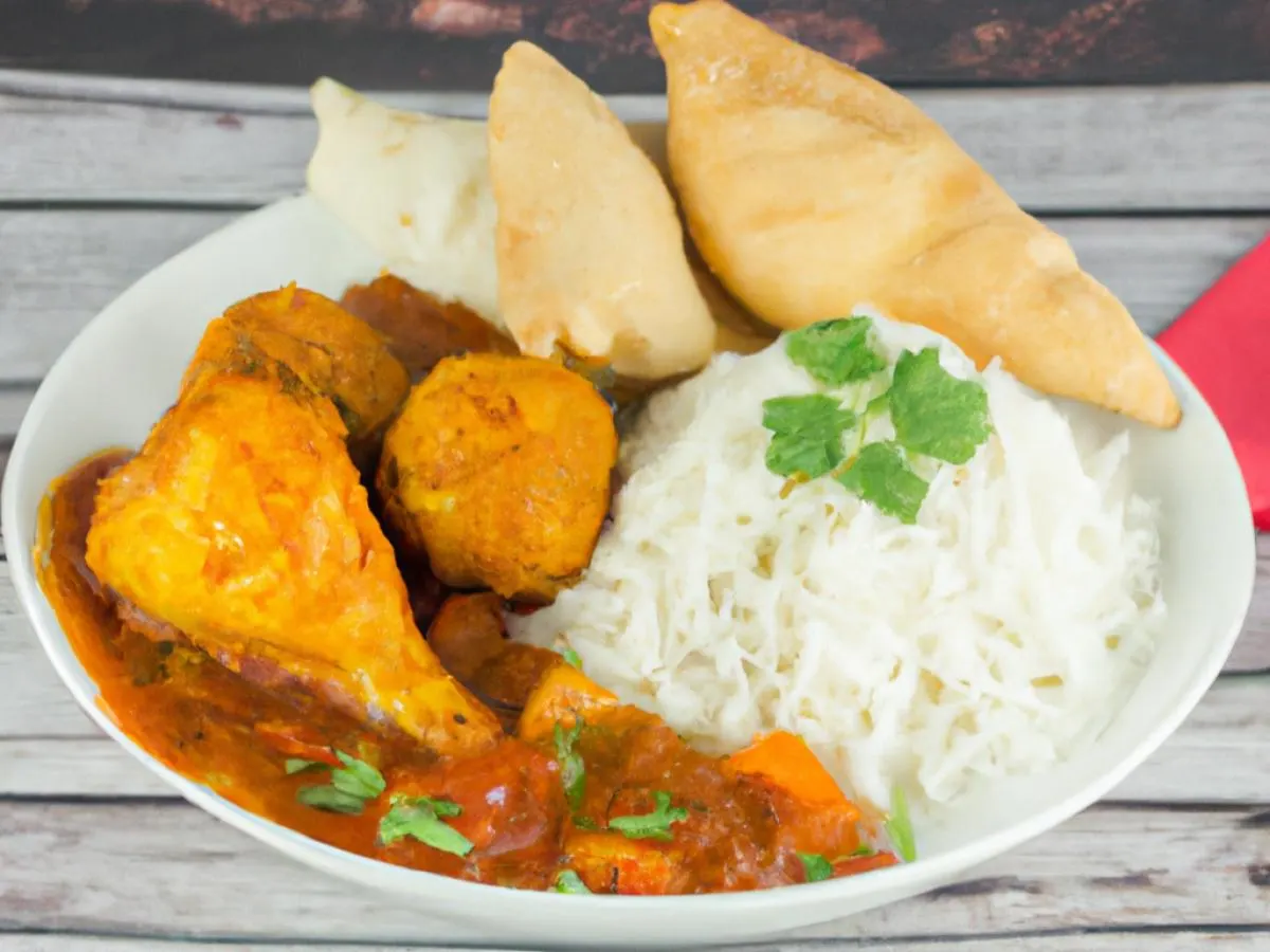 Chicken Vindaloo with Basmati Rice and Vegan Samosa Chicken Vindaloo with Basmati Rice and Vegan Samosa
