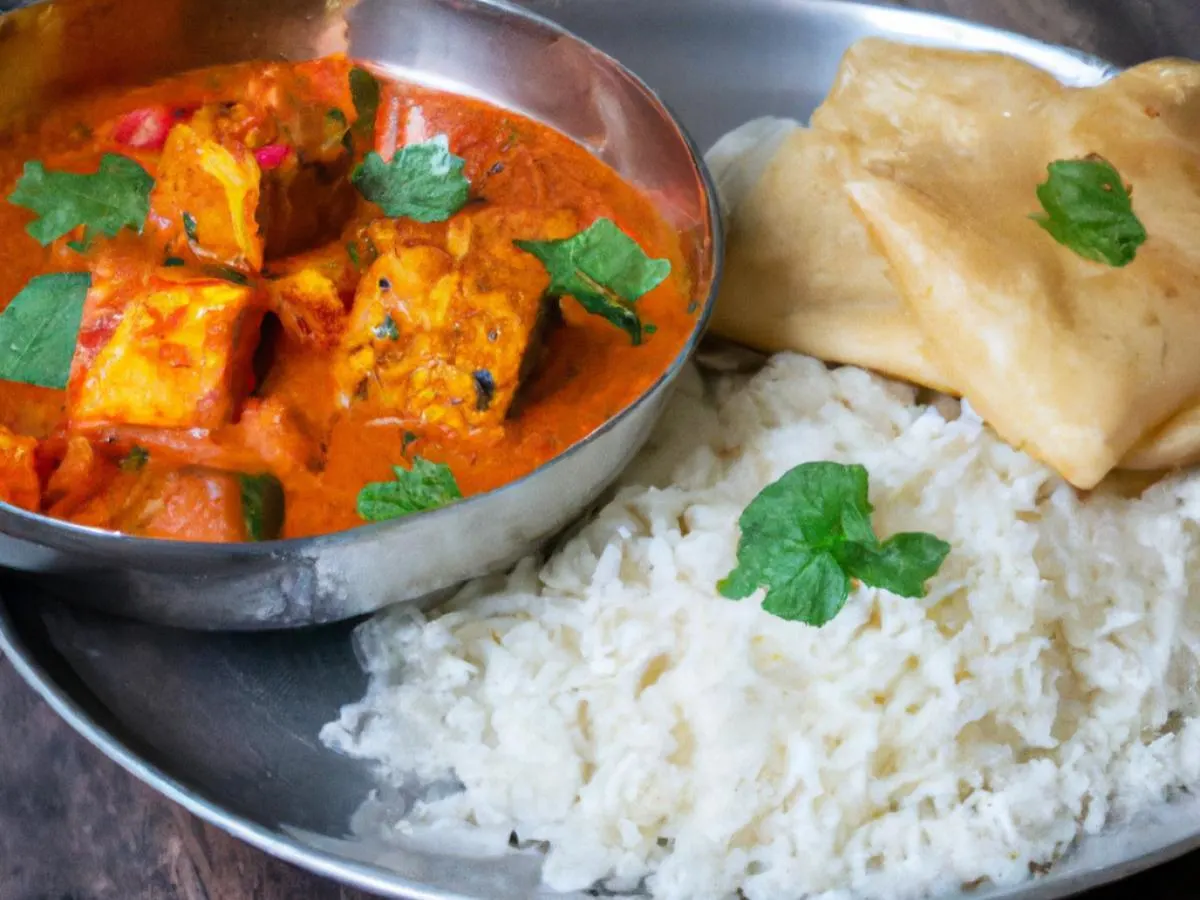 Butter Paneer Masala with Basmati Rice and Vegan Samosa Butter Paneer Masala with Basmati Rice and Vegan Samosa