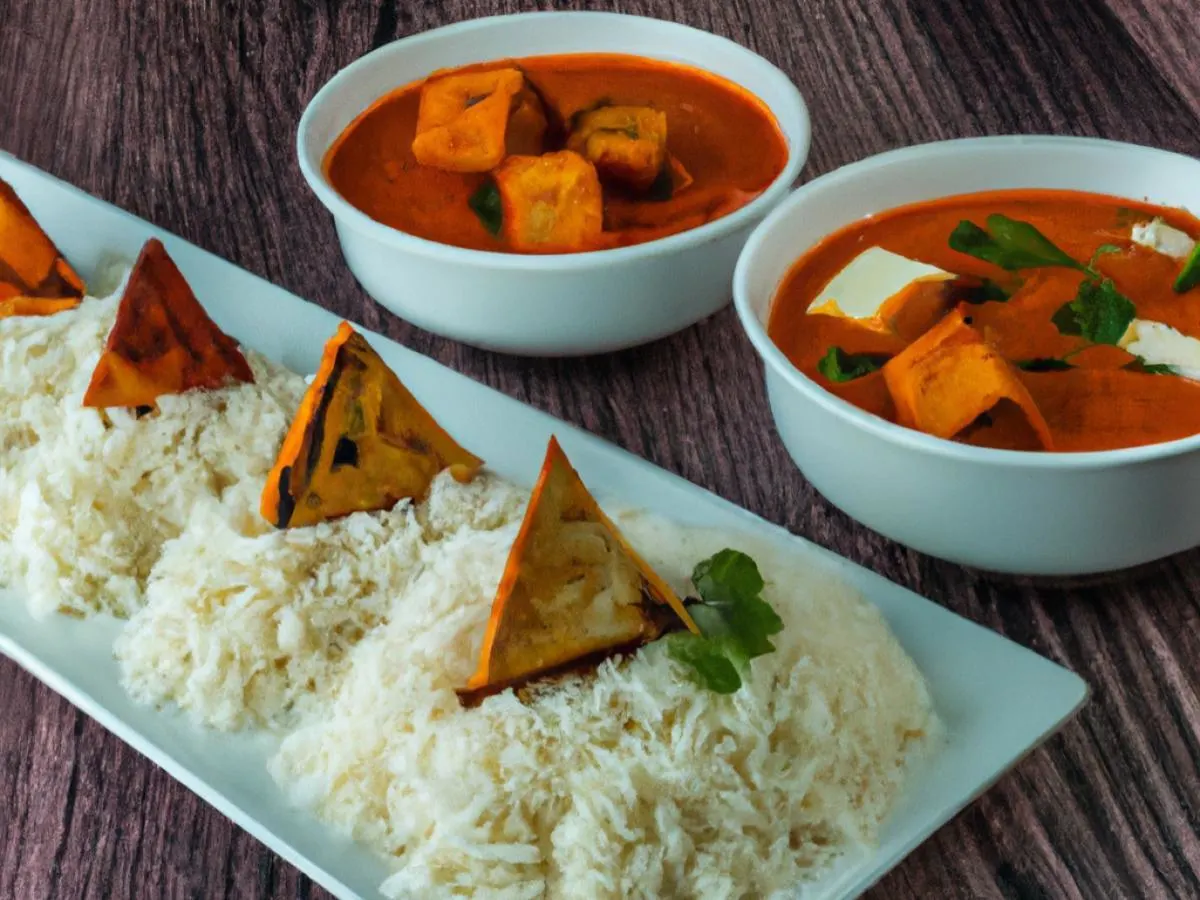 Paneer Tikka Masala with Basmati Rice and Vegan Samosa Paneer Tikka Masala with Basmati Rice and Vegan Samosa