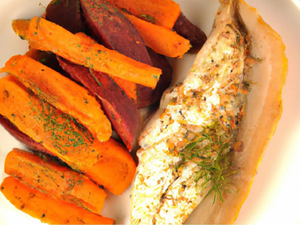 Dill Flounder Served with Roasted Sweet Potato & Roasted Carrots Dill Flounder Served with Roasted Sweet Potato & Roasted Carrots